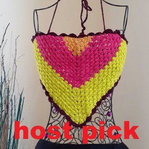 NWT Handmade Crochet Crop Halter Neck Cotton Colorful Top S /M Summer Vacation